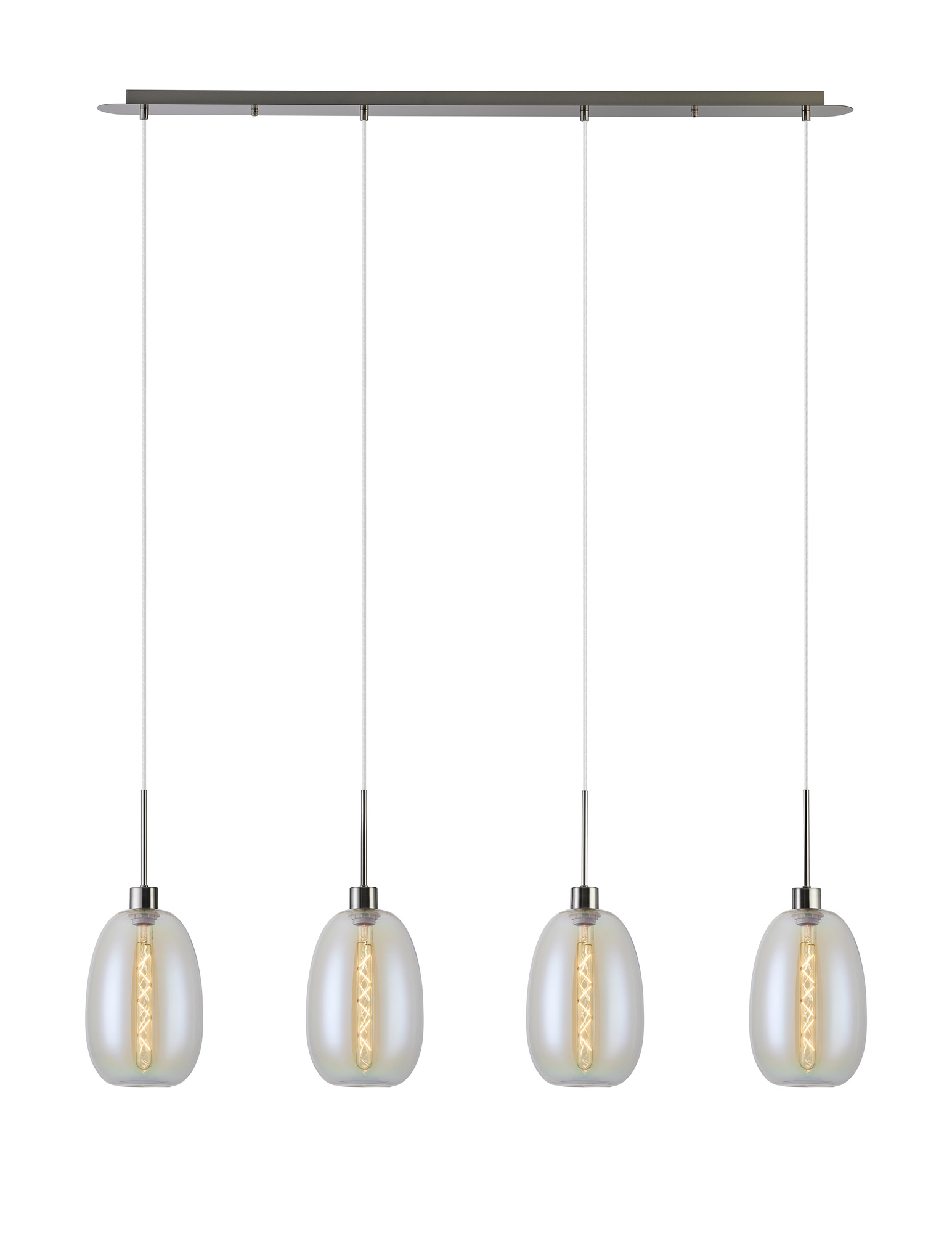 DK1403  Lori Linear Pendant, 4 Light Adjustable E27, Satin Nickel/Iridescent Slim Curved Trapezium Shades